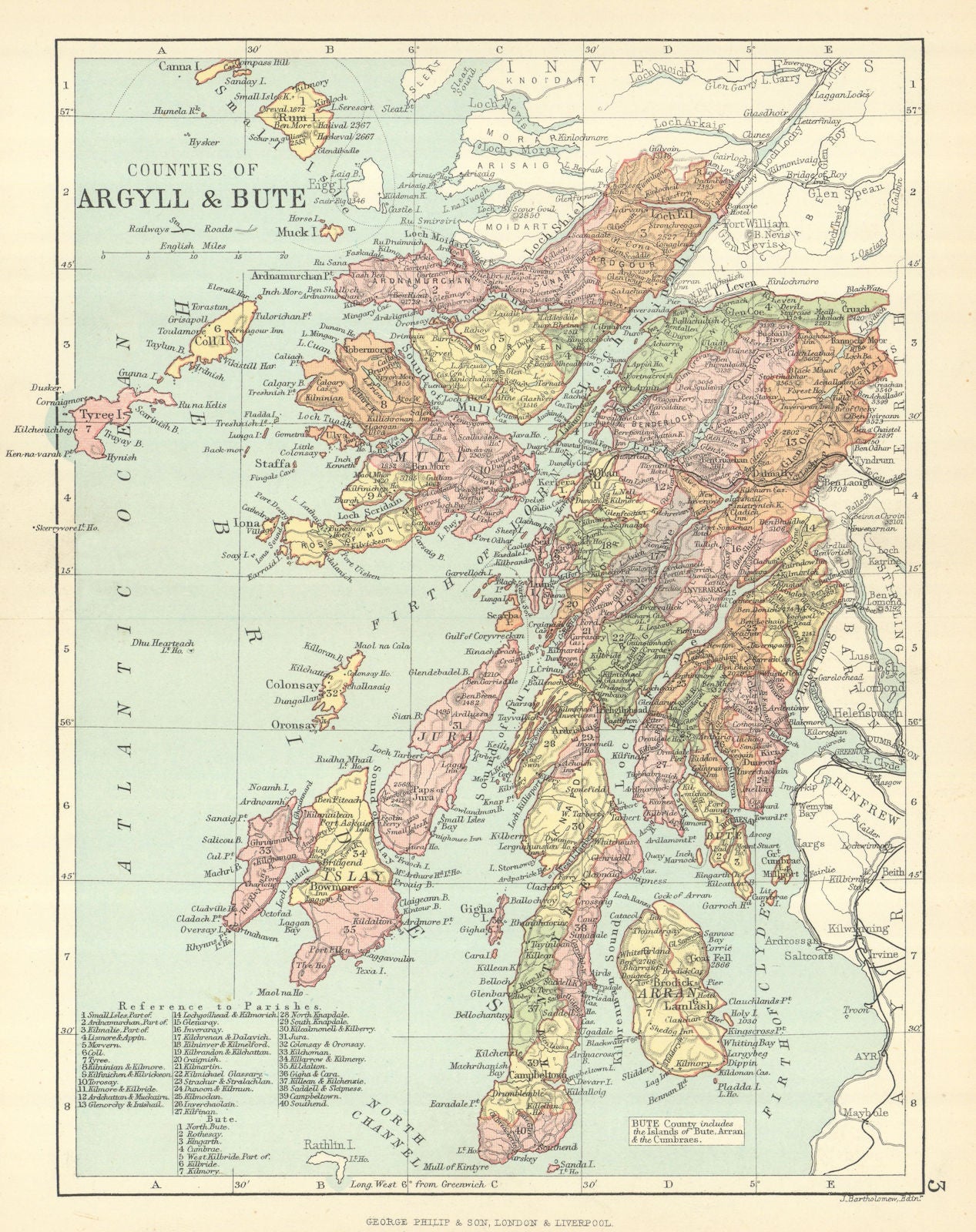 'Counties of Argyll & Bute'. Argyllshire & Buteshire. BARTHOLOMEW 1888 old map